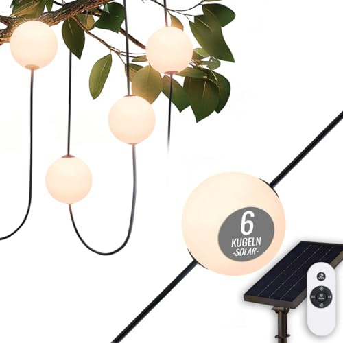 8 seasons design Solar Lichterkette Garten, 5,5m - Glowing Elegance - dimmbar, 6 weiße Kugeln (10 cm D), LED warmweiß, Akku, für außen & innen, inkl. Fernbedienung, mit USB-C aufladbar