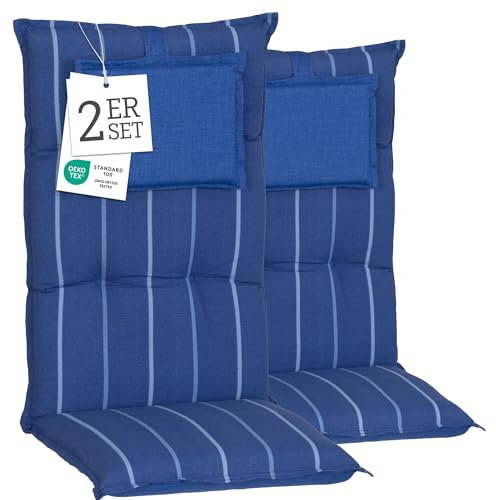 Beo® Hochlehner Gartenstuhl-Auflagen Turin | 2er Set | Waschbar & Atmungsaktiv | Made in EU, Öko-Tex Standard | Blau/Gestreift | UV-beständige Sitzkissen Outdoor