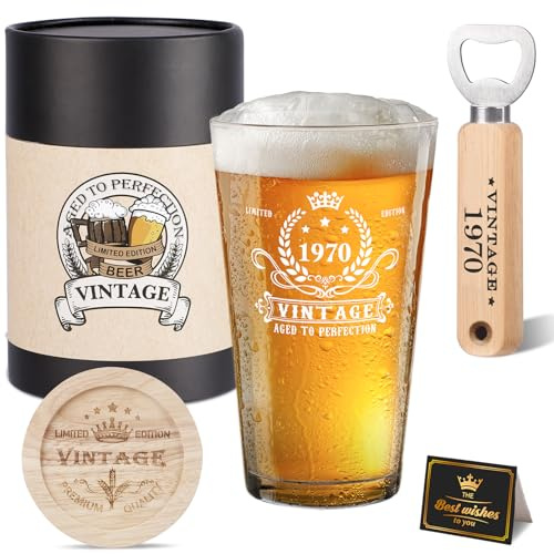 Cadeaux pour 55e anniversaire homme, vintage 1970, verre à bière, décapsuleur en bois, boîte cadeau vintage, dessous de verre en bois et carte de vœux, cadeau 55e anniversaire pour hommes