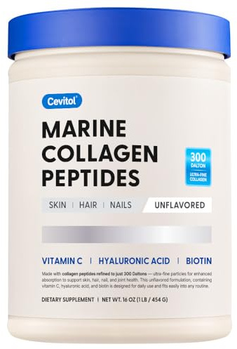 Cevitol Marine Collagen Peptides - Hydrolyzed Ultra-fine Collagen Powder for Women & Men, Hyaluronic Acid, Biotin, Vitamin C, for Skin, Hair, Nails, Joints, Non-GMO, Unflavored, Easily Dissolved, 16oz