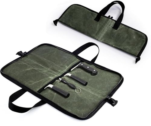 Zisqerts Heavy Duty Knife Roll for Chefs - Waxed Canvas Chef Knife Bag with 4 Slots, Waterproof & Durable Kitchen Knife Holder, Storage Case for Butchers & Home Cooks, Portable with Handle (Green)