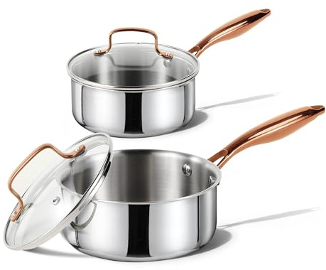 CAROTE 1.5Qt & 3.0Qt Stainless Steel Saucepan Set, Non-Toxic 3-Ply Stainless Steel Cookware Set with Lids, Small Kitchen Pots, Oven Safe, Compatible with Induction, Ceramic, Gas