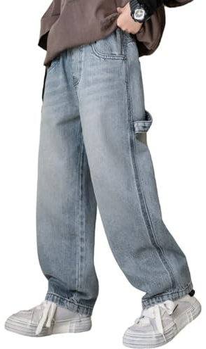 Rolanko Baggy jeans med elastisk midja last bootcut skateboarding jeans med flera fickor vintage jeansbyxor streetwear för barn, Urtvättad Denim Blue, 10-11 år