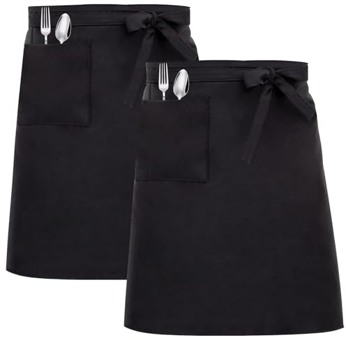 umboom Lot de 2 Tablier Long Noir, Tablier de Chef avec 2 Poches pour Hommes et Femmes, Tabliers de Travail pour Cuisine, Grill, Café, Bar, Bistrot, Restaurant, Jardinage, Pâtisserie (65 x 75 cm)
