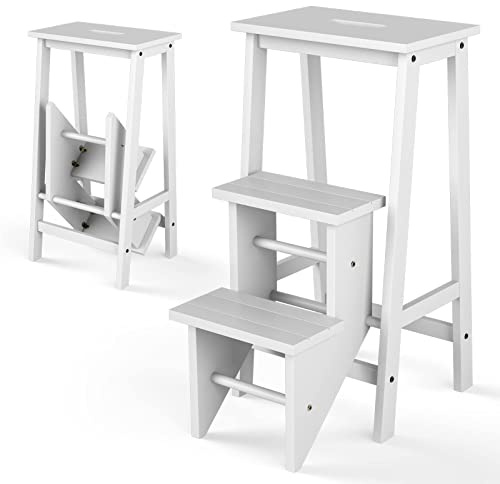 HOMASIS 3 en 1 Tabouret échelle Pliant, Tabouret en Bois de Caoutchouc, échelle à Ciseaux, étagère de Rangement Portable Polyvalente, 41 x 57 x 76 cm (Blanc)