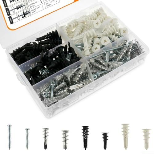 YobiLife 240-teiliges selbstbohrendes Schrauben- und Dübel-Set für hohle Gipskartonplatten mit Nylon- und Fiberglasankern