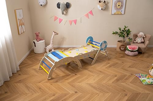 DREAMADE 8-in-1 Montessori Kletterdreieck Set mit Rutsche, Kletterbogen aus Holz für Kleinkinder ab 1 Jahre, Kletterspielzeug, Indoor Klettergerüst für Kinderzimmer (Blau,Seefahrt-Netz)