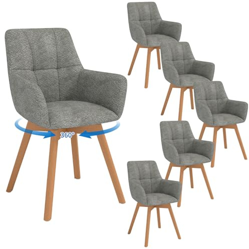 LEWE Esszimmerstühle Drehbar 6er Set mit Armlehne und Holzbeinen,Dunkelgrau | 360°Drehstuhl, Polsterstuhl mit Ergonomische Stoffrückenlehne, Stühle für Esszimmer, Küche, Wohnzimmer, Schlafzimmer