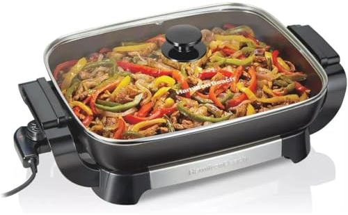 Hamilton-Beach 20.5 x 12.5 x 7.5 Durathons Ceramic Reversible Nonstick Electric Skillet, Large Cooking Surface, Adjustable Temperature Control, Easy Cleaning, Glass Lid, Black