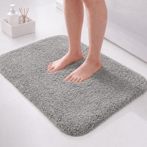 PUFFMAT Microfibre Bath Mat 60 x 40 cm Grey, Absorbent Bathroom Rug with Soft Plush Pile and TPR Backing, Machine Washable Compact Bathroom Mat for Shower, Bathtub, Toilet and Guest Bathroom