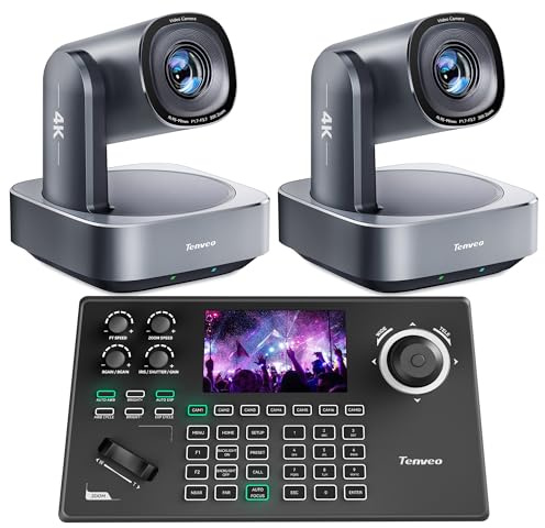 Tenveo 4K PTZ Camera and Controller Bundle/Kits - 20X AI Tracking HDMI/USB3.0/LAN(PoE) 4K PTZ Camera(2PCS) and 5'' LCD Screen NDI Joystick Controller for Church Service Events Live Streaming
