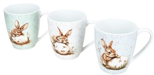 Ritzenhoff & Breker 3er Set Bunny Kaffeebecher I 300 ml, Ø 8,5 cm I je 1x Weiß, Grün & Blau I Porzellan I mit Hasen & Eier Dekor I frühlingshafte Osterbecher für Kaffee, Tee