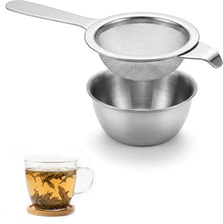GZYCKJ Metal Fine Mesh Tea Strainer for Loose Tea, Stainless Steel Infuser with Drip Tray for Cup Hanging, Sifting and Herbal Spices