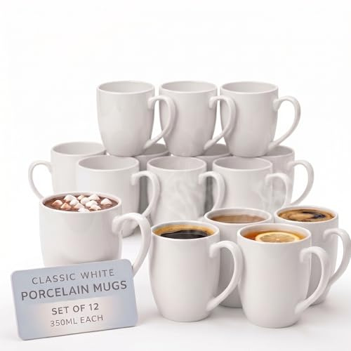 CUQOO White Coffee Mugs Set of 12 | 350ml (12oz) Porcelain Ceramic Tea Cups with Handle | Large Mug Set | Dishwasher & Microwave Safe | Bulk Mugs for Home, Office & Catering