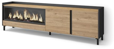 Skraut Home | Mueble TV | Muebles de salón, almacenaje | 212x61x35 cm | para televisión hasta 80 | Chimenea eléctrica XXL | Diseño Industrial | Estilo Moderno | Roble y Negro