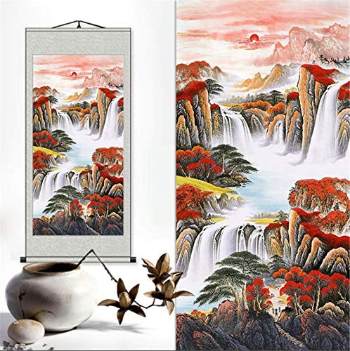 Kinesisk väggkonst, Tryck Canvas Scroll Målningar Stil Traditionell kinesisk målning Höst Landskap Tai Mountain Soluppgång(Style F)