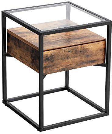 VASAGLE Nachttisch, Beistelltisch, Nachtkommode, Glastisch mit Schublade, 43 x 43 x 54 cm, Sofatisch, stabil, Industrie Design, vintagebraun-schwarz LET04BX