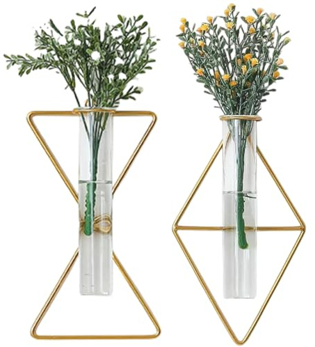 yaocoral Nordische Wandvase zum Aufhängen, geometrische goldene Blumenvase, Wandhalterung, Metallrahmen, Vasen, Hydrokultur-Glasvase, Dekoration für Zuhause, Hochzeit, Bauernhaus, 2 Stück