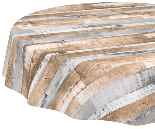 Runde Tischdecke ohne Einfassung Holzoptik Braun Grau – Wachstuch abwaschbar – pflegeleicht, wasserabweisend – für Garten, Küche, Balkon 120 cm (Rund)