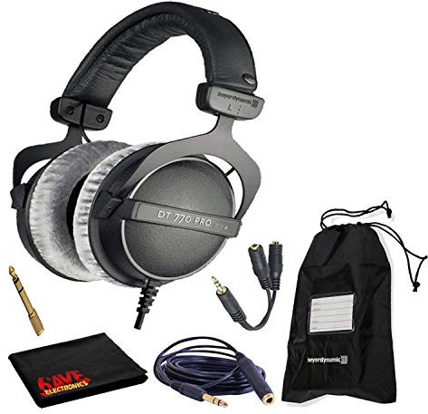 beyerdynamic DT 770 Pro 80 Ohm Closed-Back Studio Mixing Headphones Bundle with Soft Drawstring Case, Headphone Splitter, 5ft Extension Cable, and 6AVE Cleaning Cloth