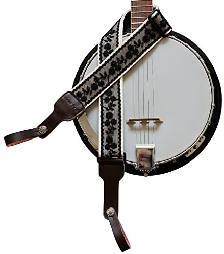 MUSIC FIRST Originelles Design, 5 cm breit, gepolstert, schwarze coole & Vintage-Spitze weiche Spitze & echtes Leder, Delux Banjo-Gurt, mit 2 Stück Music First Lederriemen.