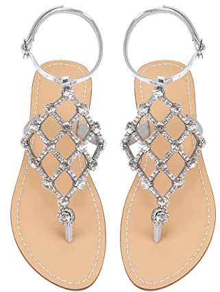 UTIKLIOU Women's Rhinestone Sandals T-Strap Flat Wedding Shoes