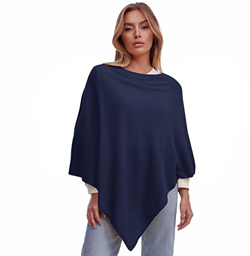 Glamexx24 dam stickad poncho enfärgad cape finstickad XXL tröja cape elegant stil och komfort för våren och hösten, tillverkad i Italien, Mörkblå, L-XL
