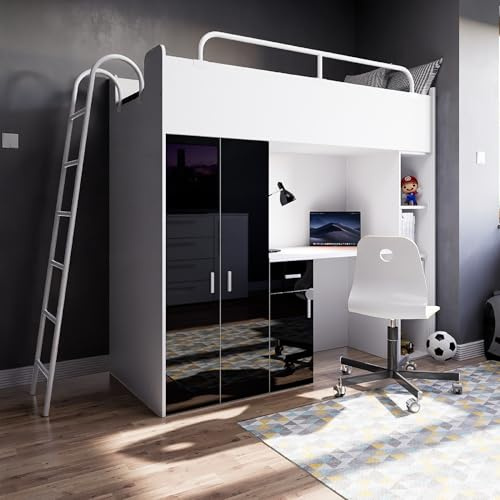 Marlux-Meble Hochbett JSM-4 80x190 mit Kleiderschrank Schreibtisch und Leiter Hochglanz Kinderbetten Funktionsbett Etagenbett Stockbett Kinderhochbett Jugendhochbett (Schwarz Glanz)