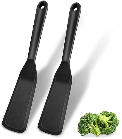 Dioycli Silicone Spatulas for Cooking Heat Resistant Pancake Spatula, Non Stick Long Omelette Spatula Turner Bpa Free 2 Pieces for Crepes Egg Burgers Pizza Cookie（Black）