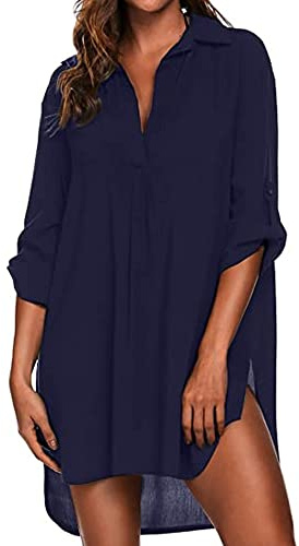 Vestido Verano de Playa Mujer Traje de Baño Pareos Playa Cuello en V Mangas Cortas Camisa Suelto Bikini Cover up Color Sólido Camisolas y Pareos Blusa Tops