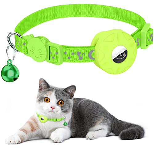 Airtag Katzenhalsband Mit Integriertem Halter und Glocke - Reflektierend Mit Abbrechbarer Sicherheitsschnalle für Kätzchen und Welpen (Grün)