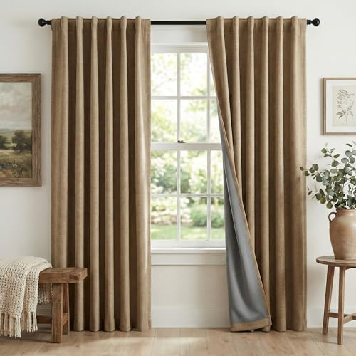 RYB HOME Linen Textured 100% Blackout Curtains for Bedroom, Insulating Energy Saving Window Curtains for Living Room Dining Patio Sliding Glass Door, Wide 52 x Long 90 inch, Burlap, 2 Panels