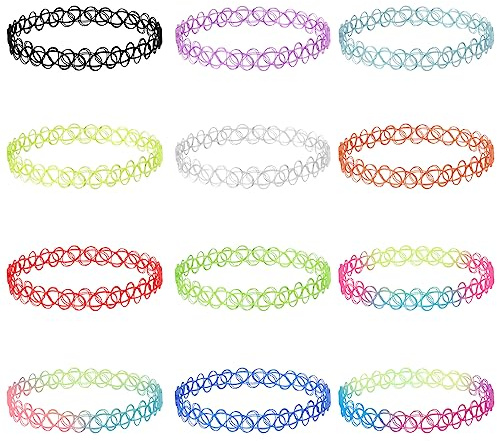 12pcs Collier Tatouage Ras Du Cou, 90 Arc-en-Ciel Élastique Ras du Cou | Colliers de Tatouage Colorés Ensemble Mignon Fleur Colliers Style des Année Collier pour Femmes Filles
