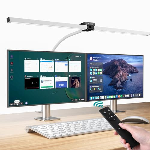vatato Doppelkopf Schreibtischlampe LED, Dimmbar 24W 80CM Schreibtischlampe für Homeoffice, klemmbar Augenschutz Tageslichtlampe mit Fernbedienungen, 5 Farb 5 Helligkeit Büro Tischlampe (weiß)