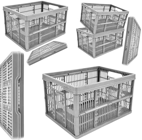 STAR SUPPLIES 32 Litre Large Stackable Multi Use Fruit, Veg, Book Baskets | Strong Foldable Grey Storage Crates (3)