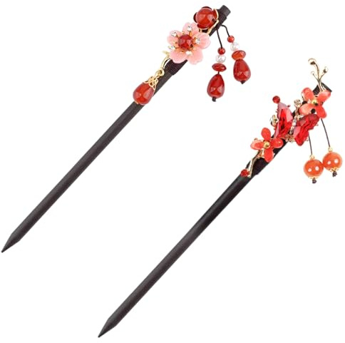 2 Palillos de Pelo Tradicionales Chinos de Madera Vintage con Flores, Borlas y Horquilla Retro