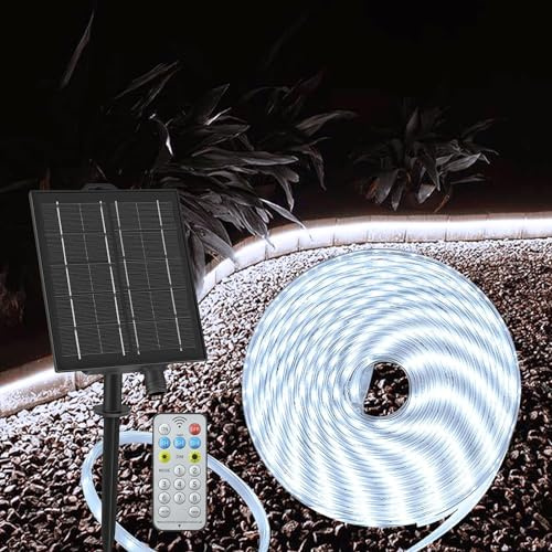 10M Solar LED Streifen Aussenbereich Wasserdicht Strip mit Fernbedienung | IP68 Wasserdicht LED Strip mit Timer Dimmbar 8 Modi, Selbstklebend LED Band für Garten Außen Dekoration (Kaltweiß)