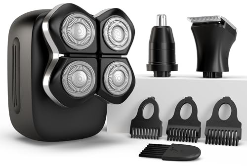 Freebird FlexSeries Pro Electric Head & Body Shaver - Mens Cordless Rechargeable Wet/Dry Skull Bald Head Back & Groin Waterproof Razor with Rotary Blades, Clippers, Nose Trimmer, Brush, Massager
