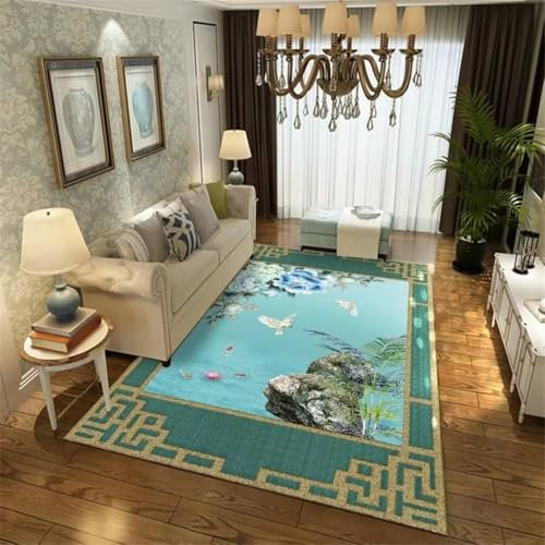 DJHWWD Teppich Mädchen Jugendzimmer XXL Gemütlicher, waschbarer, dekorativer Wohnzimmerteppich mit orientalischem Blumenmuster 70x140CM Blau Waschbare Wohnzimmer Teppichs