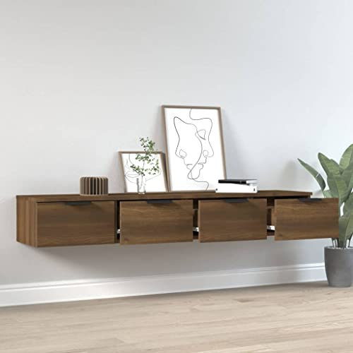 FENLAX Wandschrank 2 Pcs 68x30x20 cm Braun Eichen-Optik Wandboard Mit Schublade Schweberegal Mit Schublade Wandregal Mit Schubladen Hängeschublade Wohnwand Modern Hängeschrank