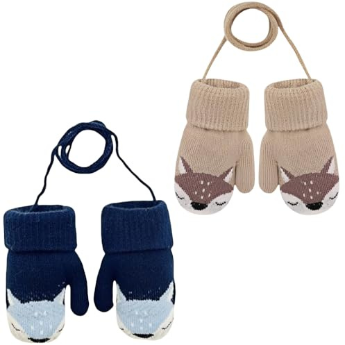 SDXCJY 2 Pairs Kids Knitted Gloves,Kids Mittens on String for Toddler Winter Knitted Mittens Warm Fleece Gloves for Kids 0-3 Years (2 Pairs)
