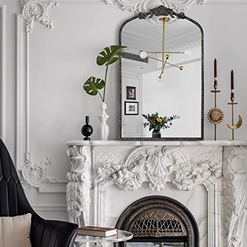G-LEAF Vintage Schwarz Bogenspiegel 60x90 cm,Traditioneller Arendahl Antik Spiegel mit Verziertem Metallrahmen, Barock Wandspiegel für Eingang/Bad/Wohnzimmer/Flur/Schlafzimmer