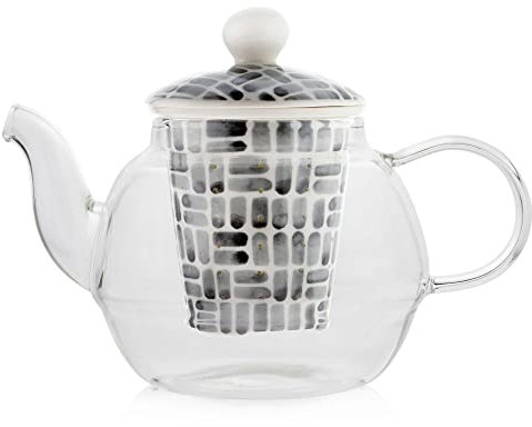 Scandi Home Glass Teapot 600ml with Grey Ceramic Infuser - Borosilicate Glass Teapot for Loose Leaf Tea or Coffee, Removable Infuser, Non-Drip Spout, Microwave Safe, Dishwasher Safe