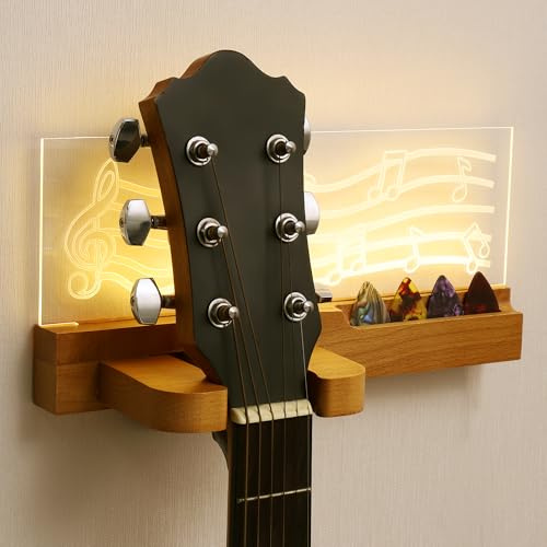 JIZZU Support mural pour guitare, alimenté par USB, LED luminescente, support mural pour guitare acoustique, guitare classique, guitare électrique, ukulélé et rangement