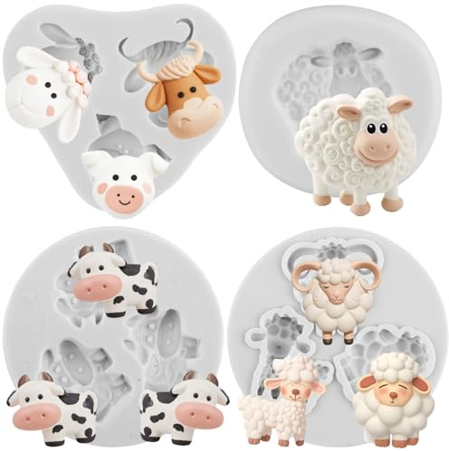 Sijiangmold Bauernhof Tier Silikonform Kuh Schaf Schwein Fondant Schokolade Süßigkeiten Formen für Kuchen Dekoration Cupcake Topper Gum Paste Polymer Clay Set von 4