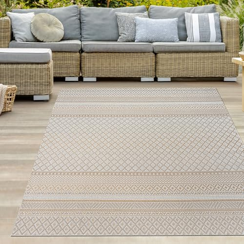 Teppich-Traum In- & Outdoor Teppich Ethno-Rauten Beige Gelb 140x200 cm | Pflegeleicht, wetterbeständig, UV-beständig, robust und formstabil, für Balkon, Terrasse, Garten & Wintergarten