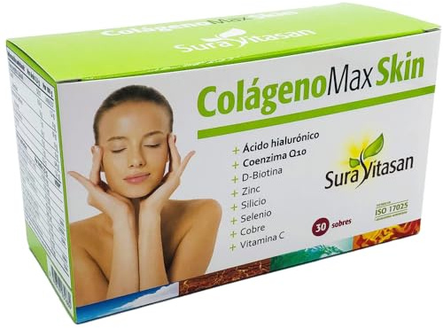 SURA VITASAN Colágeno Max Skin 30 Sobres – Péptidos de Colágeno Bioactivos con Ácido Hialurónico, Coenzima Q10, Biotina y Minerales – Cuidado de Piel, Cabello y Uñas – Sabor Natural a Maracuyá