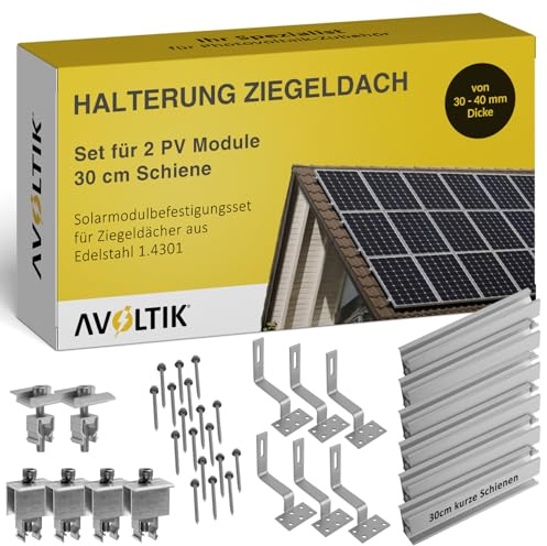 Solar Halterung Ziegeldach I Set für 2 PV Module 30-40mm I Solarmodul Halterung Balkonkraftwerk I Solarmodulbefestigungsset für Ziegeldächer aus Edelstahl 1.4301