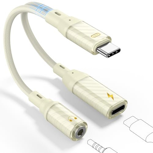 Adattatore USB-C Jack e Ricarica, 2 in 1 Adattatore Cuffie Aux USB C 3.5mm Ricarica Rapida da PD 60W con DAC, per iPhone 16 Pro Max, Samsung Galaxy S24 Ultra S23, Huawei P40