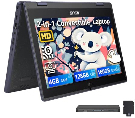 ASUS Ordinateur portable 2 en 1 à écran tactile HD de 11,6 pour étudiants, Intel Celeron N100, graphique UHD, 4 Go de RAM, 288 Go de stockage (SSD 128 Go + station d'accueil 160 Go), webcam, Wi-Fi 6